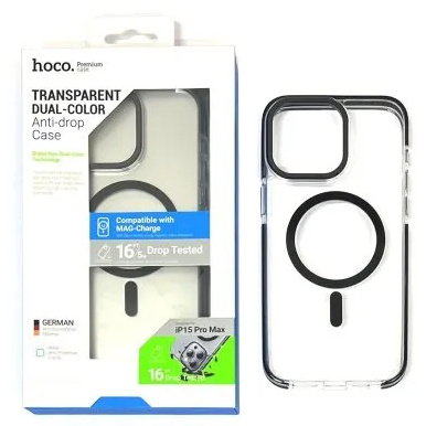 Чехол-накладка Hoco Transparent Dual-Color Magsafe для iPhone 15 противоударный (пластик) (черная рамка)