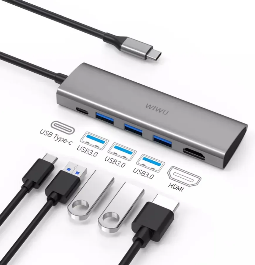 Адаптер Wiwu Alpha USB-C 5 в 1 на USB 3.0*2/HDMI/PD/3.5 (M X Pro) (Grey) Вид№3