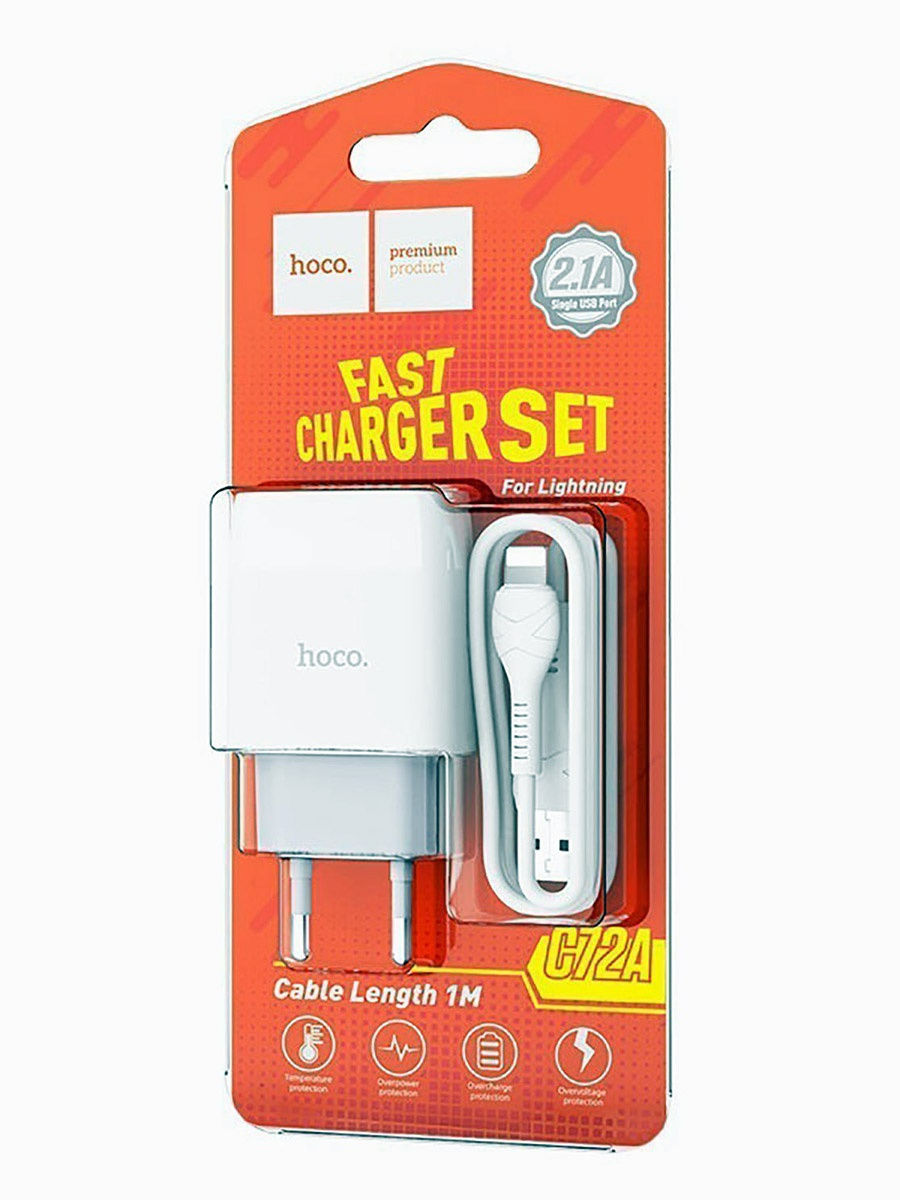 

Сетевое зарядное устройство Hoco (C72A) Charger Set 5W/2.1A USB + кабель Lightning (белый)