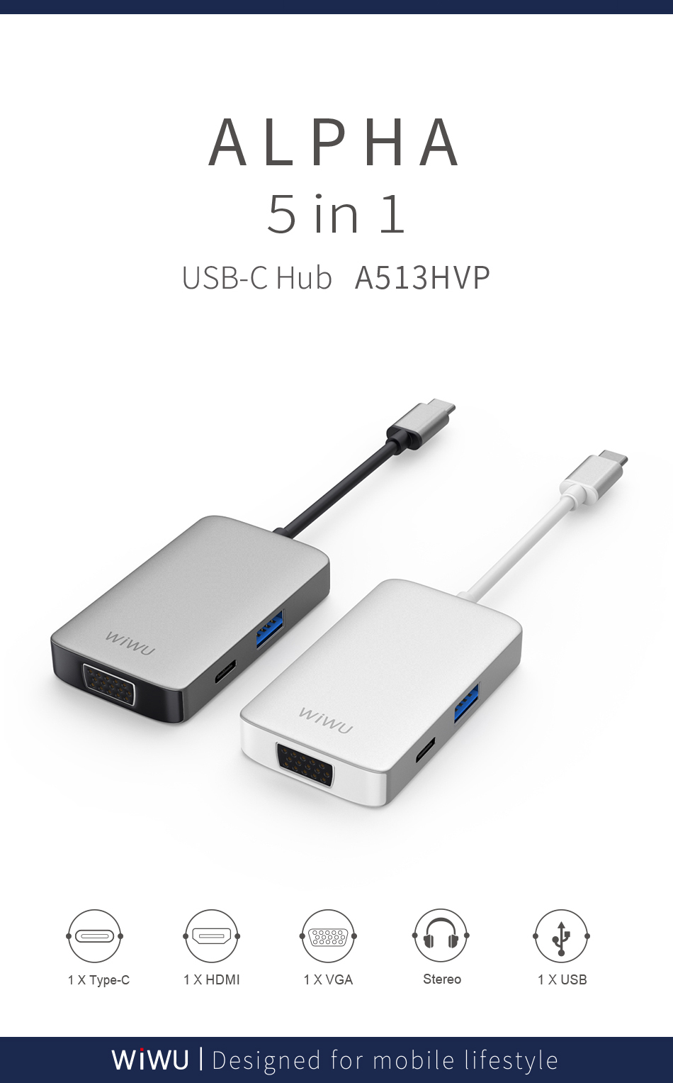 

Адаптер Wiwu Alpha USB-C 5 в 1 на USB 3.0/PD/Stereo/HDMI/VGA (A513HVP) (Silver)