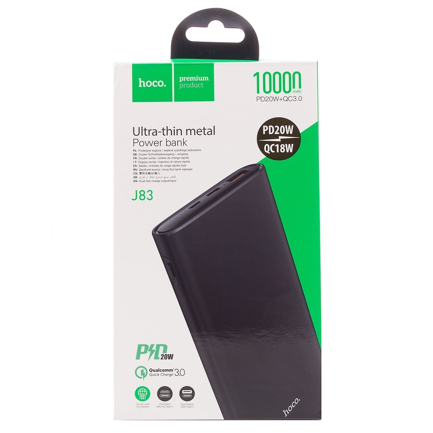 Универсальный внешний аккумулятор Hoco J83 Standart 10000mAh PD20W+QC3.0 Micro USB-Type-C/USB+Type-C (черный)