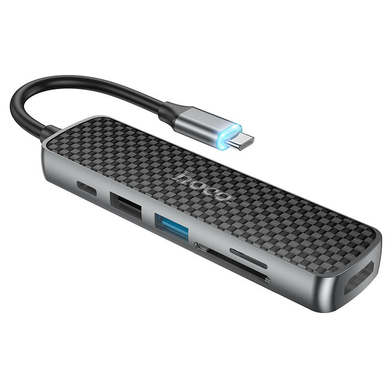 Переходник HOCO (HB24) 6 в 1 Type-C на HDMI/USB3.0/USB2.0/SD/TF/PD (Metal Gray) Вид№2