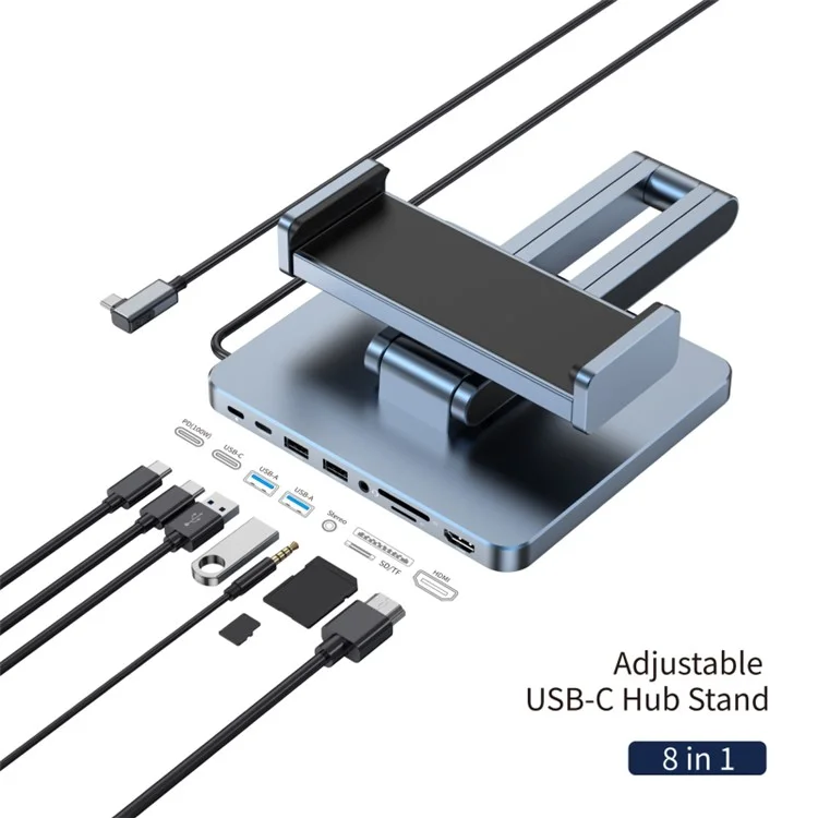 Регулируемая подставка для планшета WIWU (AH-801) 8 в 1 USB-C HUB на USB-C PD100W/USB-C/HDMI (4K60Hz)/USB 3.0*2/SD/TF/Stereo 3.5mm (Space Gray)