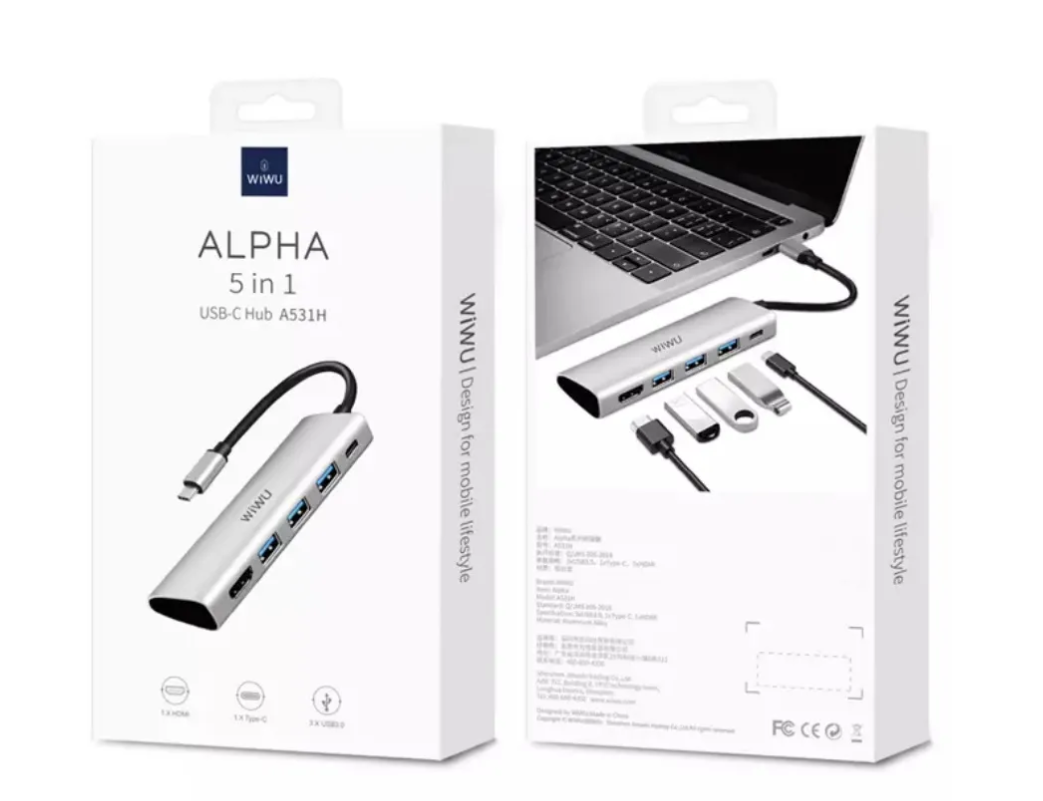 Адаптер Wiwu Alpha USB-C 5 в 1 на USB 3.0*2/HDMI/PD/3.5 (M X Pro) (Grey) Вид№2