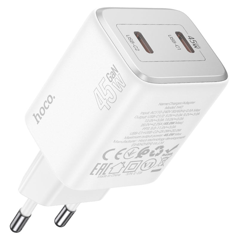 Сетевое зарядное устройство Hoco (N42) Elogiado 2xType-C/PD 45W charger (EU) (белый)