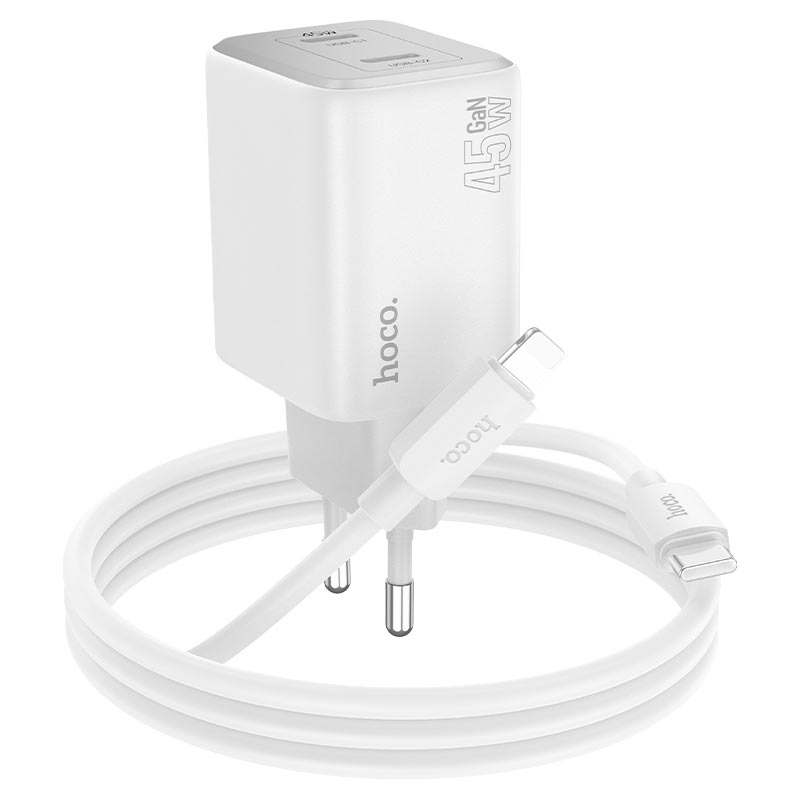 Сетевое зарядное устройство Hoco (N42) Elogiado 2xType-C/PD 45W charger (EU) + кабель Lightning (белый)