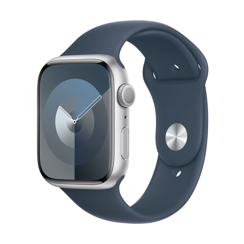 Apple Watch Series 9 45mm (GPS) Silver Aluminum Case with Storm Blue Sport Band (S/M) (MR9D3)