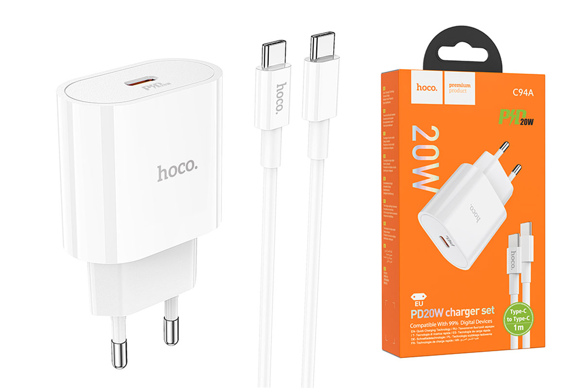 Сетевое зарядное устройство Hoco (C94A) Metro Type-C/PD20W+QC3.0 charger (EU) 3000mA + кабель Type-C (белый)